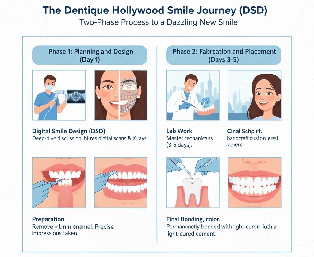 An infographic showing the steps of Hollywood Smile treatment In Turkey with Dentique clinic.