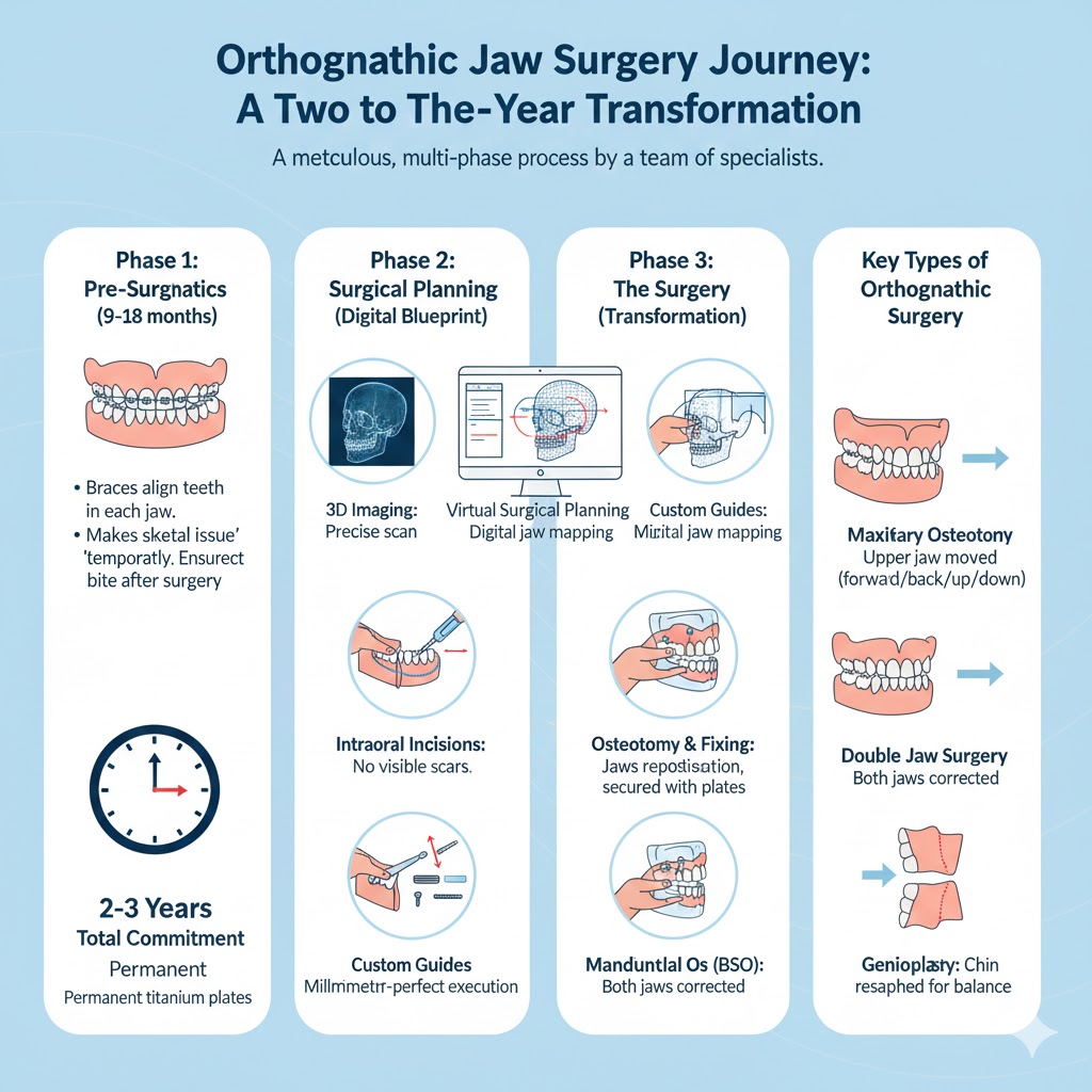 An infographic showing The Procedure's Steps of Jaw Surgery in Turkey with Dentique Clinic.