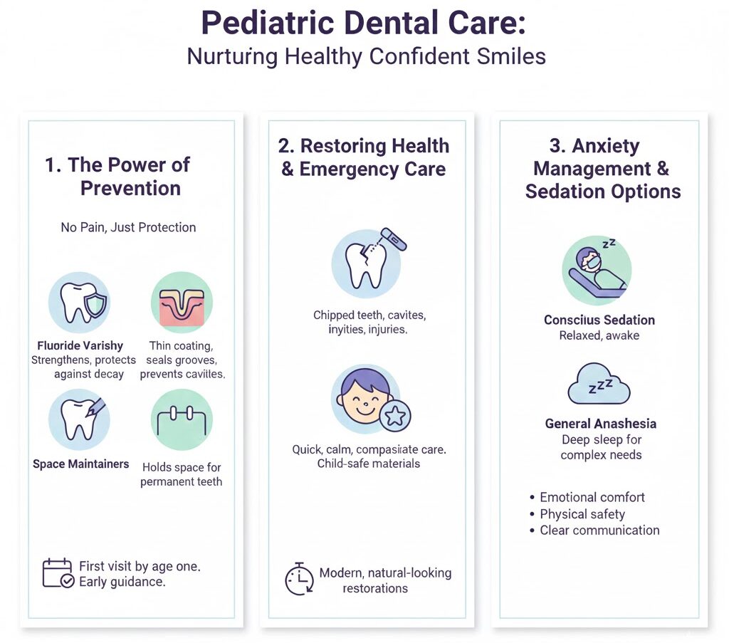 Pediatric dental care in Turkey with Dentique, highlighting preventive dentistry, restorative and emergency treatments, and anxiety management with sedation options to support healthy, confident smiles for children.