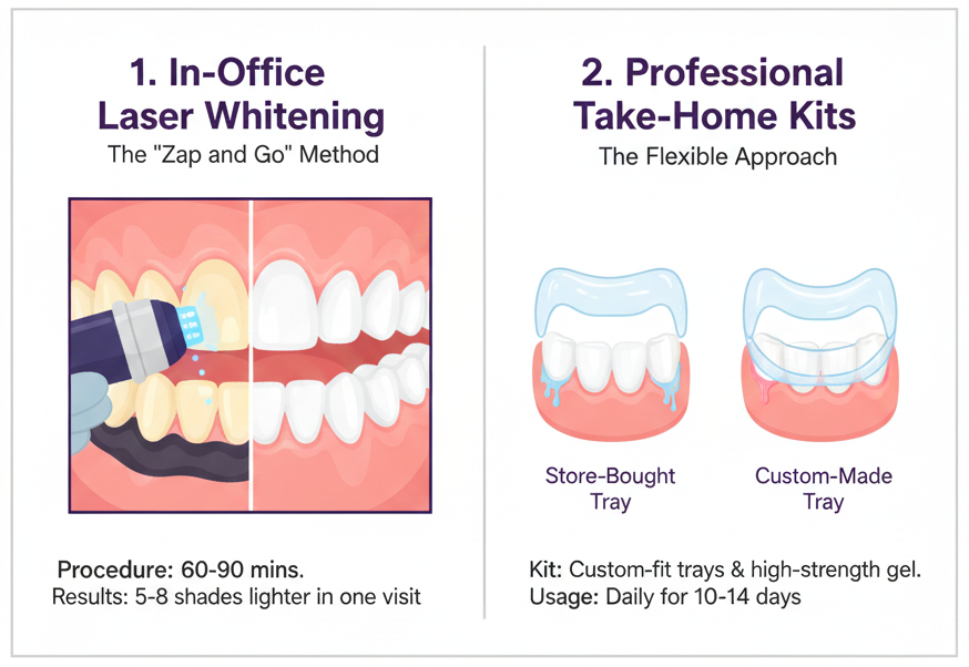 Teeth whitening in Turkey with Dentique, illustrating in-office laser whitening versus professional take-home whitening kits, showing treatment duration, shade improvement results, and custom tray options for brighter smiles.