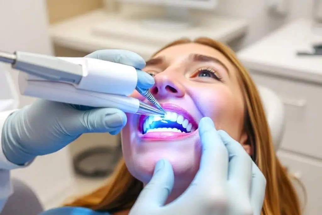 Teeth whitening in Turkey with Dentique, showing a patient receiving professional laser teeth whitening treatment for a brighter, natural-looking smile in a modern dental clinic.